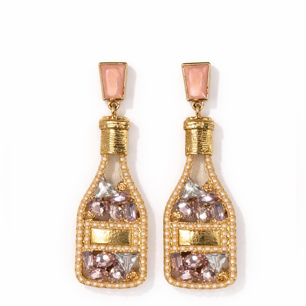 Champagne Bottle Statement Earrings Gold Pearl Crystal Rhinestone Dangles